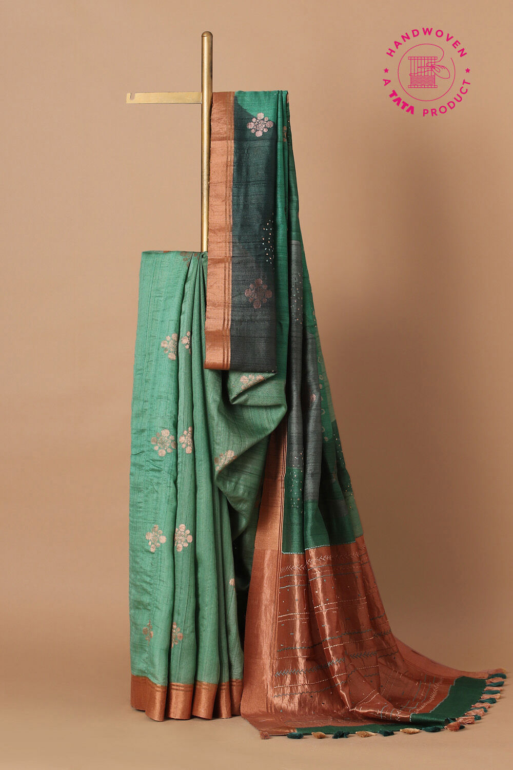 Green Pure Silk Tussar Chanderi Saree image number null