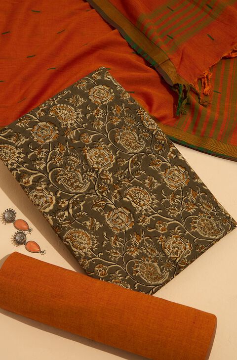 Grey Printed Kalamkari Pure Cotton Unstitched Suit Set