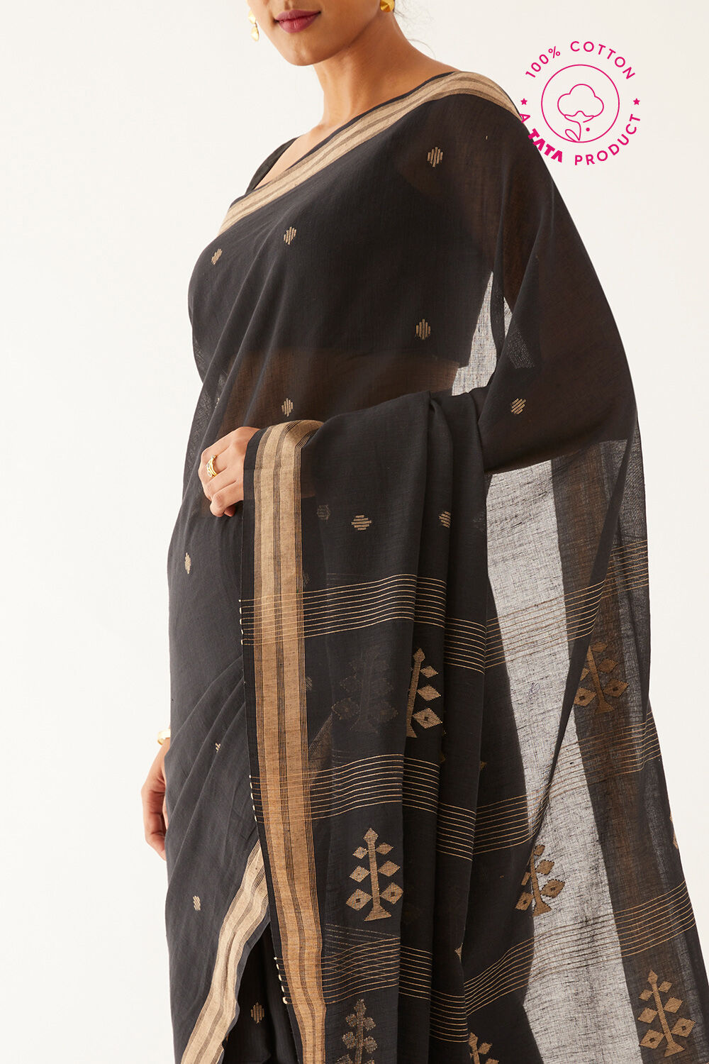 Black Pure Cotton Bengali Jamdani Saree image number null