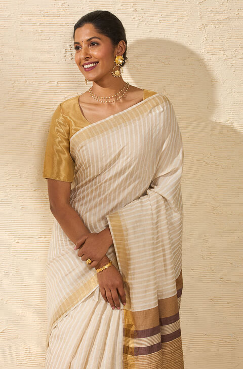 Beige Woven Pure Tussar Silk Saree