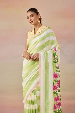 Light Green Bengal Pure Silk Hand Painted Embroidered Saree thumbnail image number null