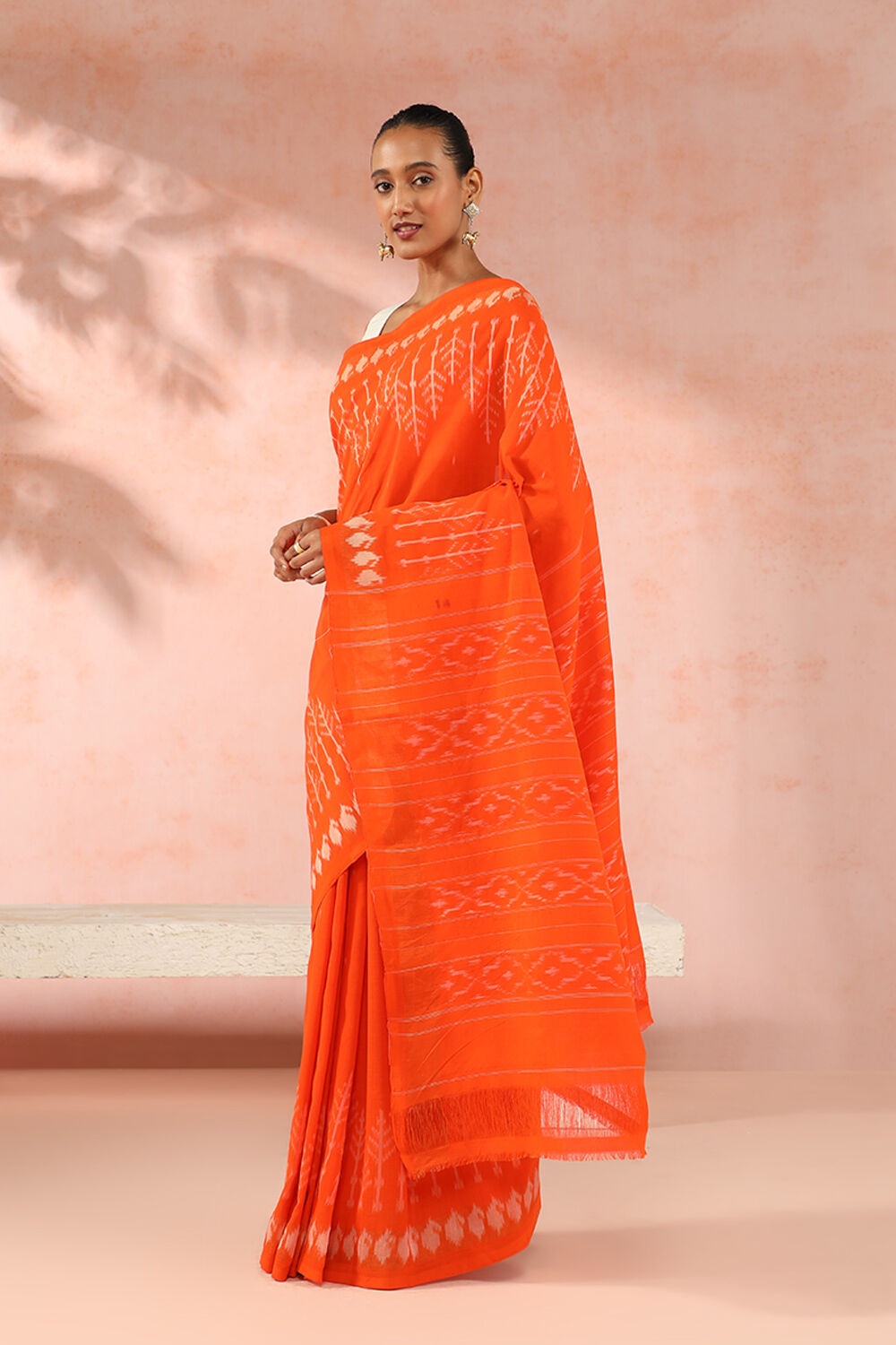 Orange Pure Cotton Pochampalli Ikat Saree image number null
