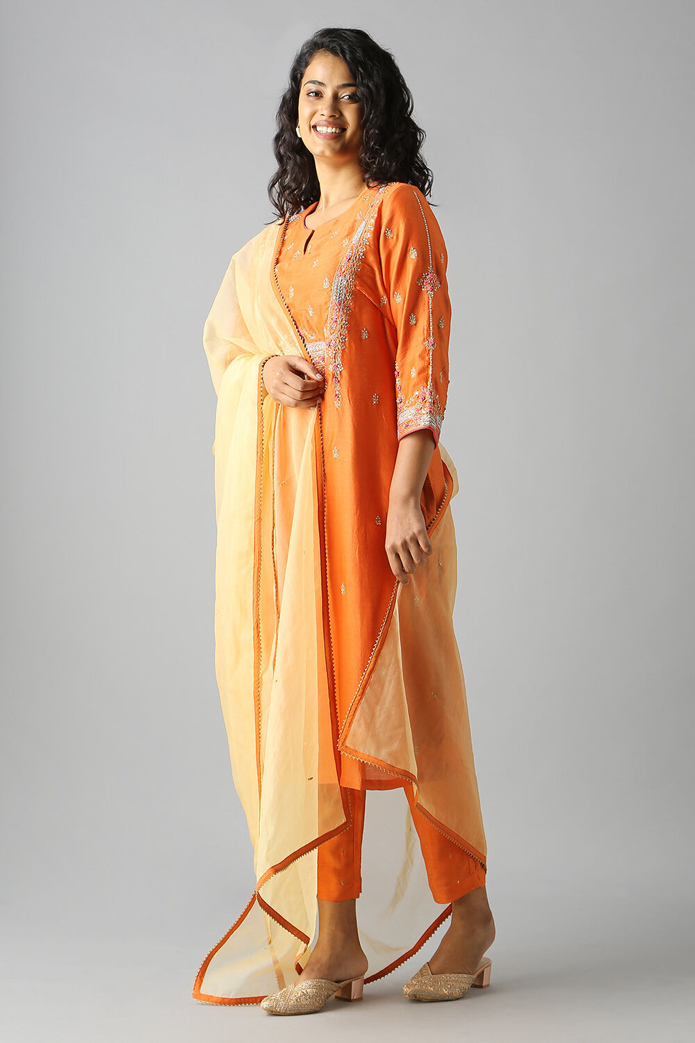 Orange Embroidered Silk Cotton Kurta Set image number null