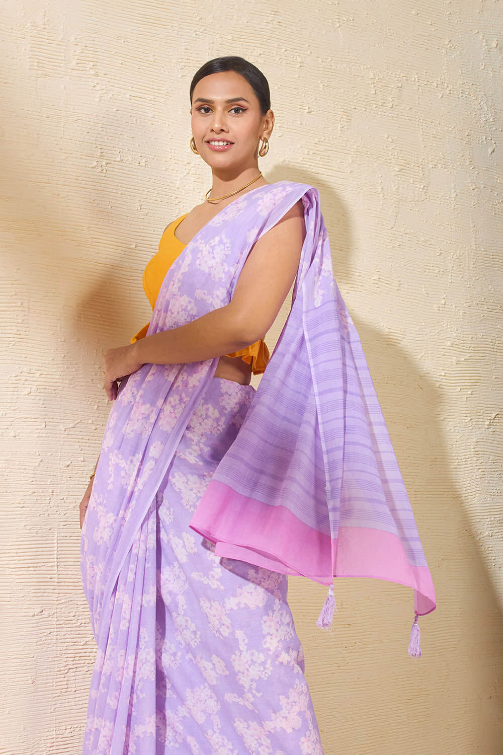 Purple Screen Printed Bengal Pure Mulmul Cotton Saree image number null