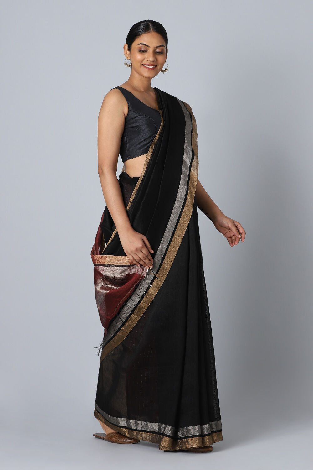 Black Pure Silk Linen Jamdani Saree image number null