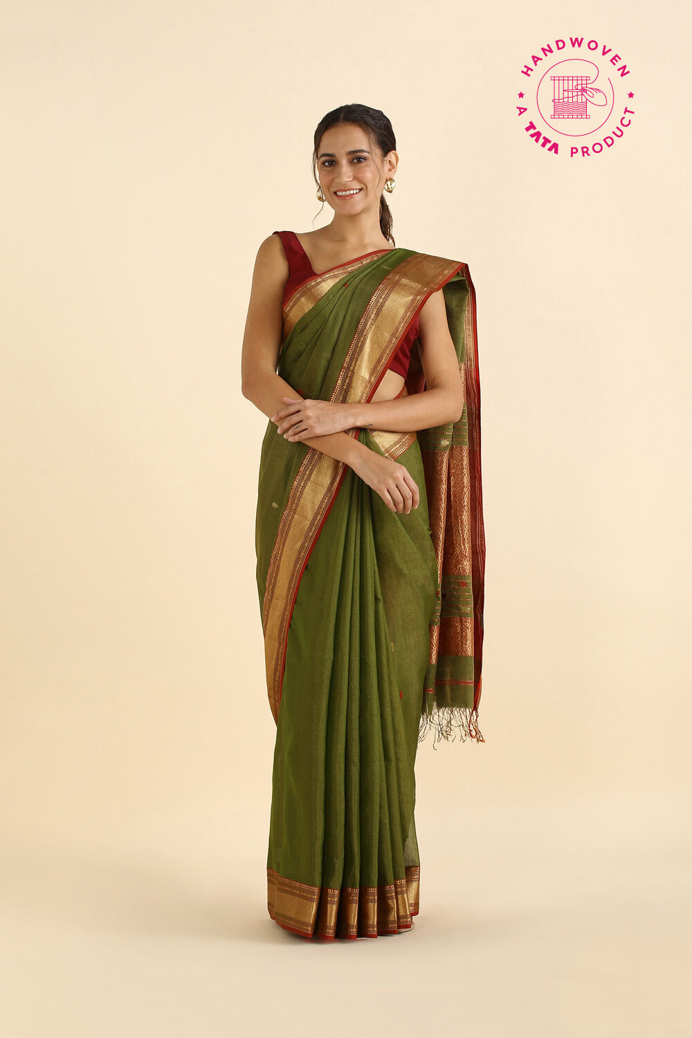 Dark Green Pure Cotton Tissue Maheswari Saree image number null
