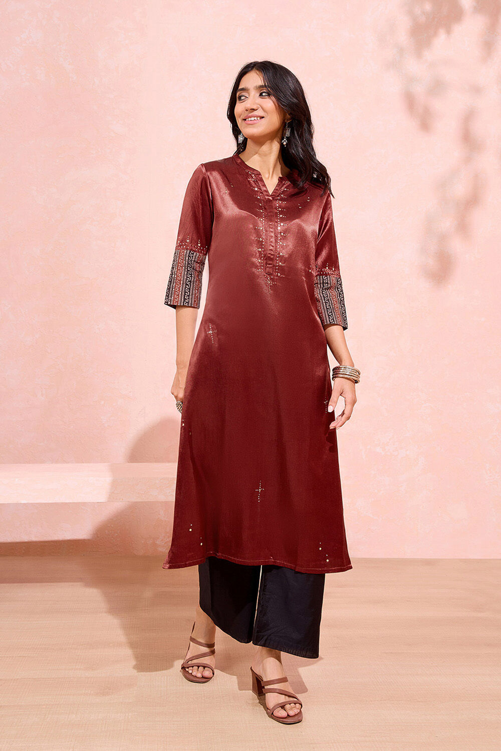 Dark Red Viscose Cotton Embroidered Kurta image number null