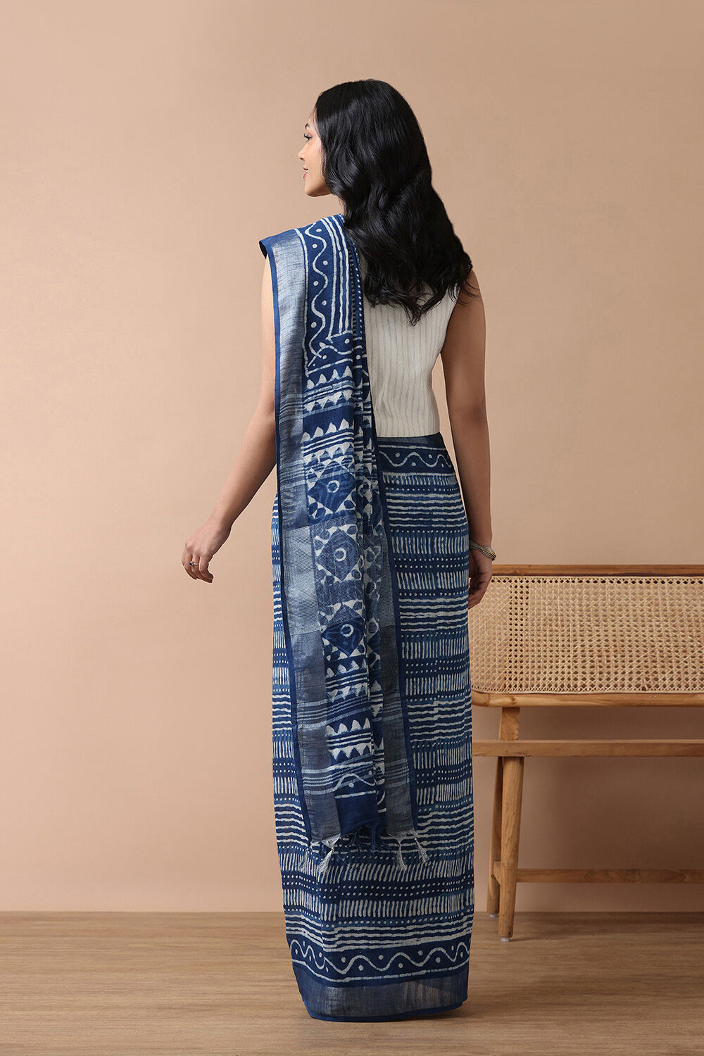 Light Blue Cotton Viscose Contemporary Block Printed Saree image number null