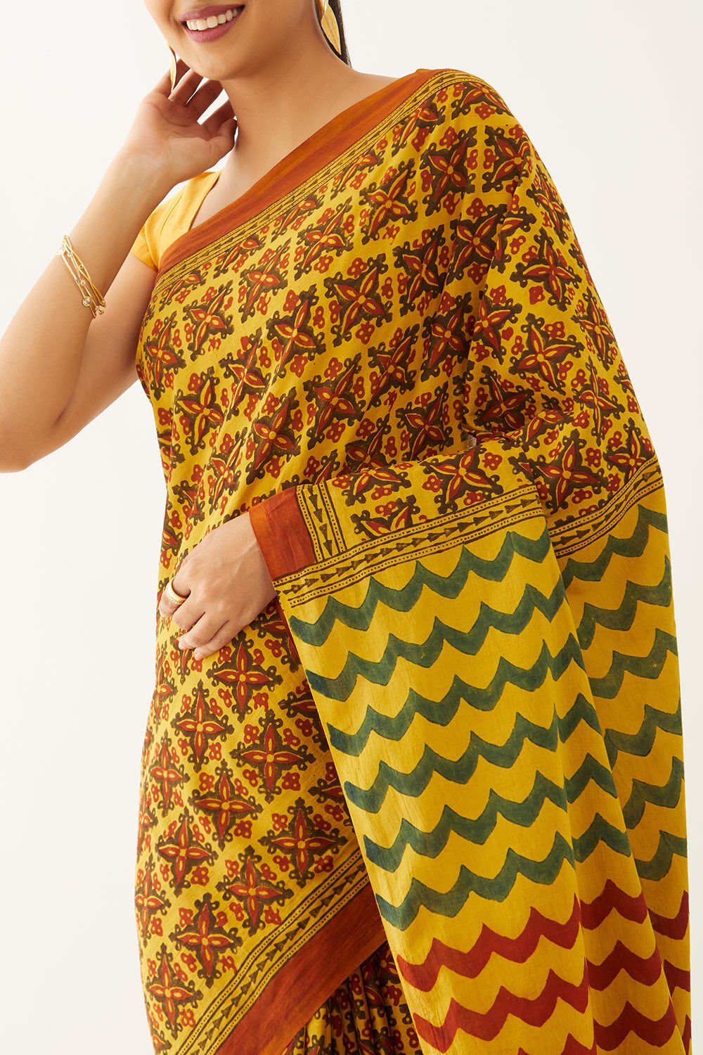 Yellow Pure Cotton Ajrakh Block Print Saree image number null