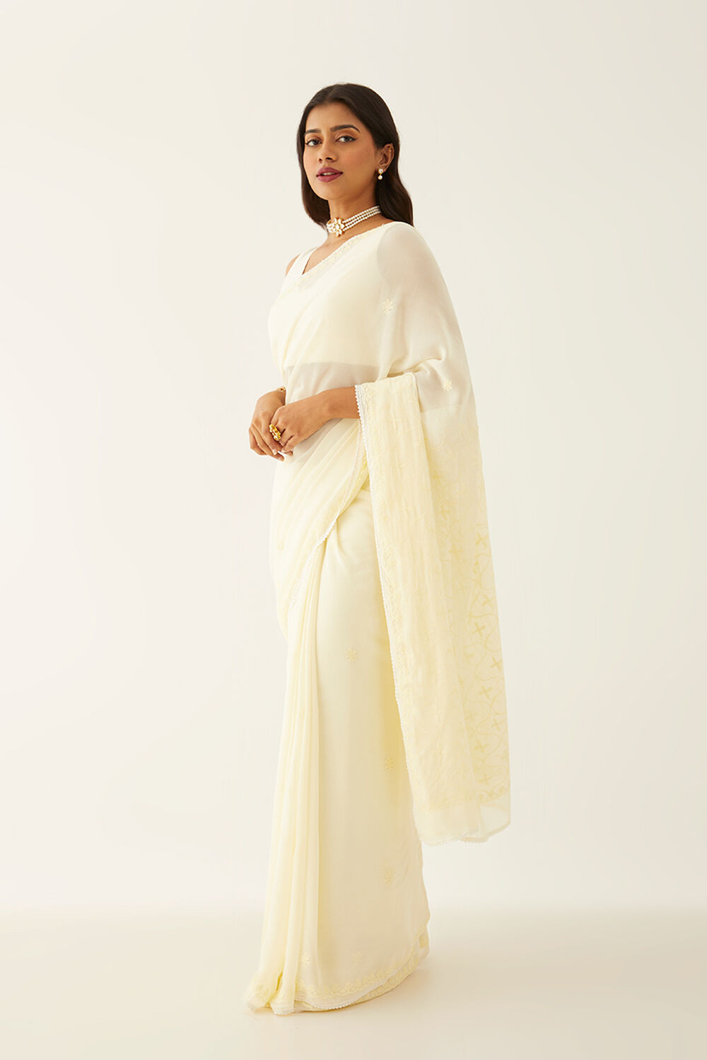 Light Yellow Pure Silk Georgette Lucknow Chikankari Saree image number null