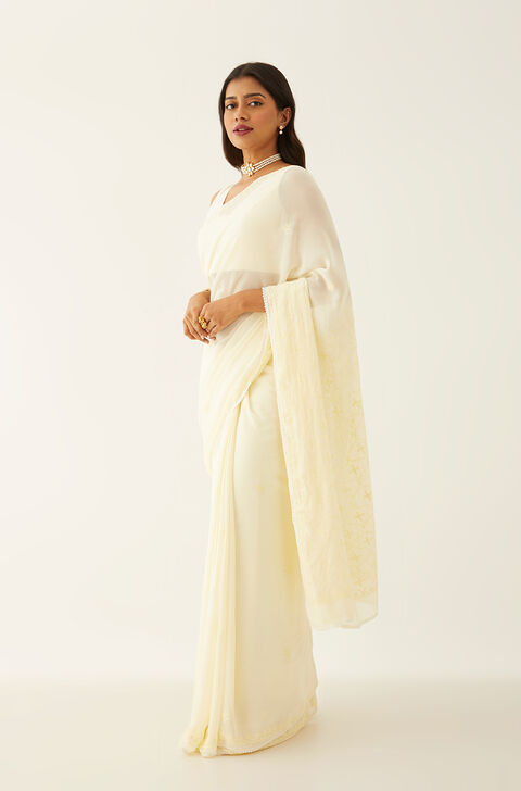 Light Yellow Pure Silk Georgette Lucknow Chikankari Saree