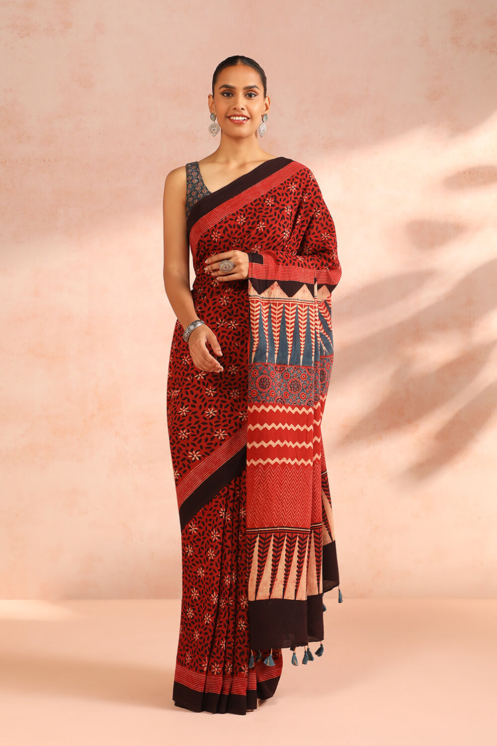 Red Gujarat Pure Cotton Ajrakh Block Print Saree image number null