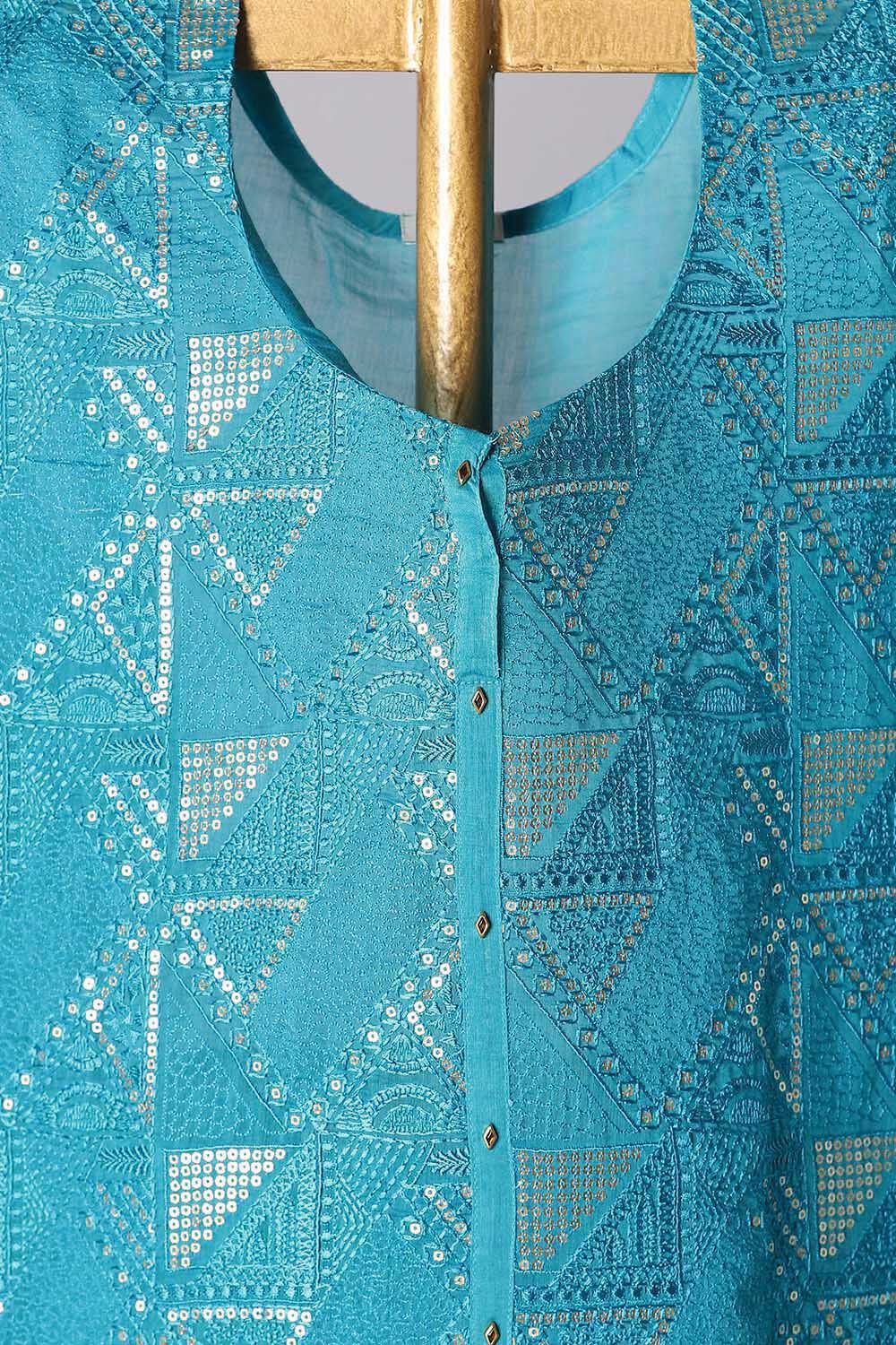 Blue Silk Cotton Embroidered Semistitched Suit Set image number null