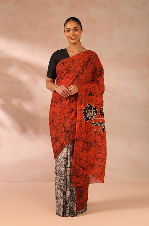 Orange Ujjain Pure Cotton Printed Saree