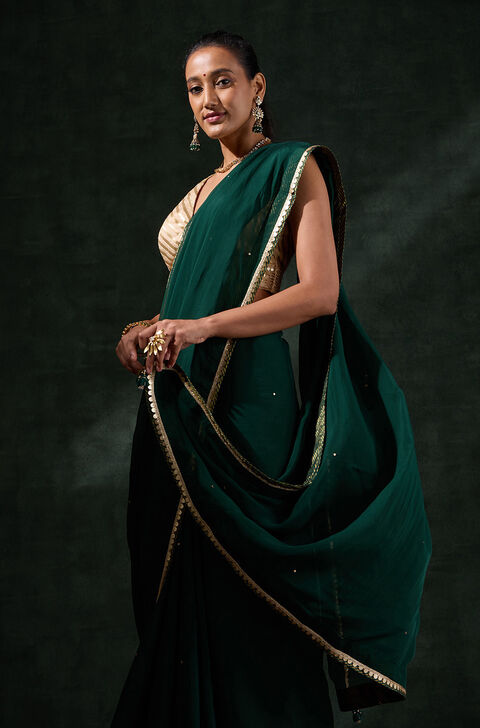 Dark Green Viscose Organza Embroidery Saree
