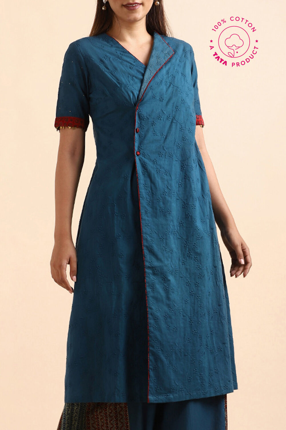 Dark Blue Embroidered Cotton Kurta Set image number null