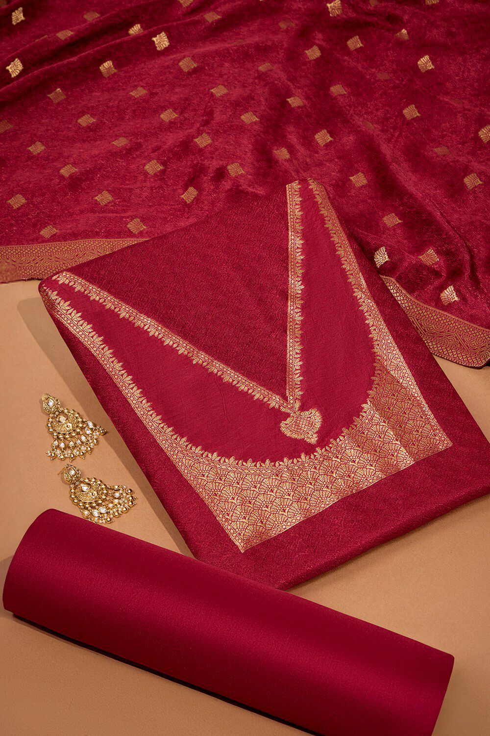 Dark Red Viscose Brocade Unstitched Suit Set image number null