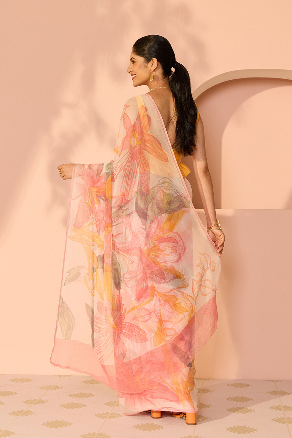 Light Pink Screen Printed Viscose Chiffon Saree image number null