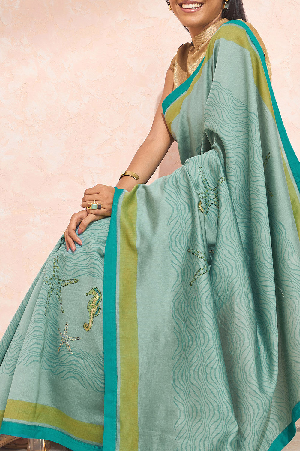 Blue Block Printed Pure Silk Cotton Saree image number null