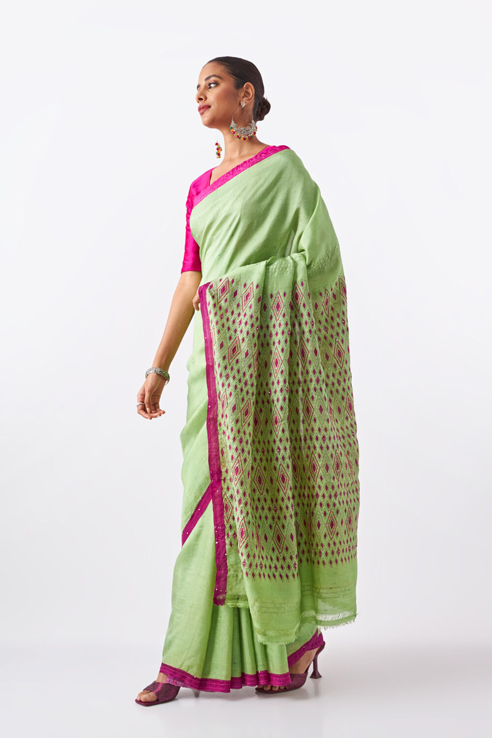 Light Green Pure Silk Hand Painted Saree image number null