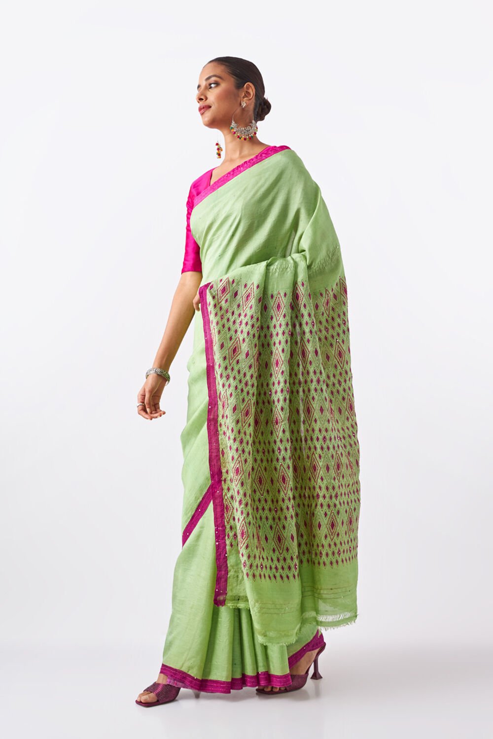 Light Green Pure Silk Hand Painted Saree image number null
