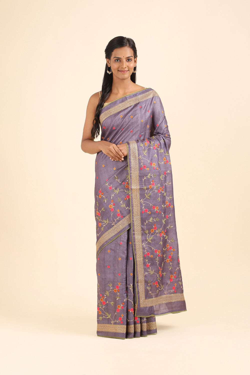 Violet Pure Tussar Silk Embroidered Saree image number null