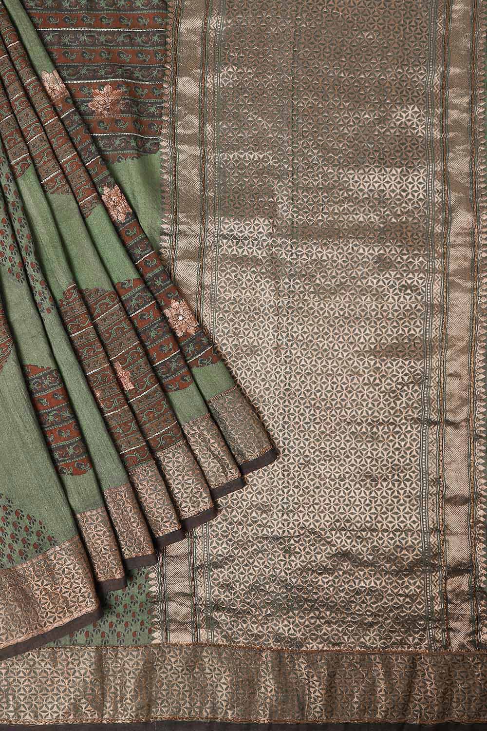 Green Pure Silk Tussar Bagru Print and Zardosi Embroidered Saree image number null