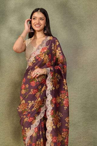 Purple Pure Viscose Printed Embroidered Saree image number