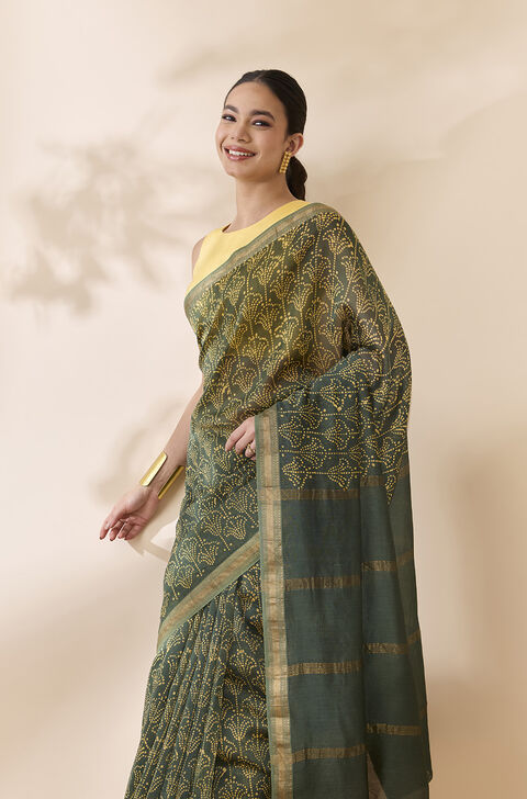 Dark Green Batik Pure Silk Cotton Ujjain Saree