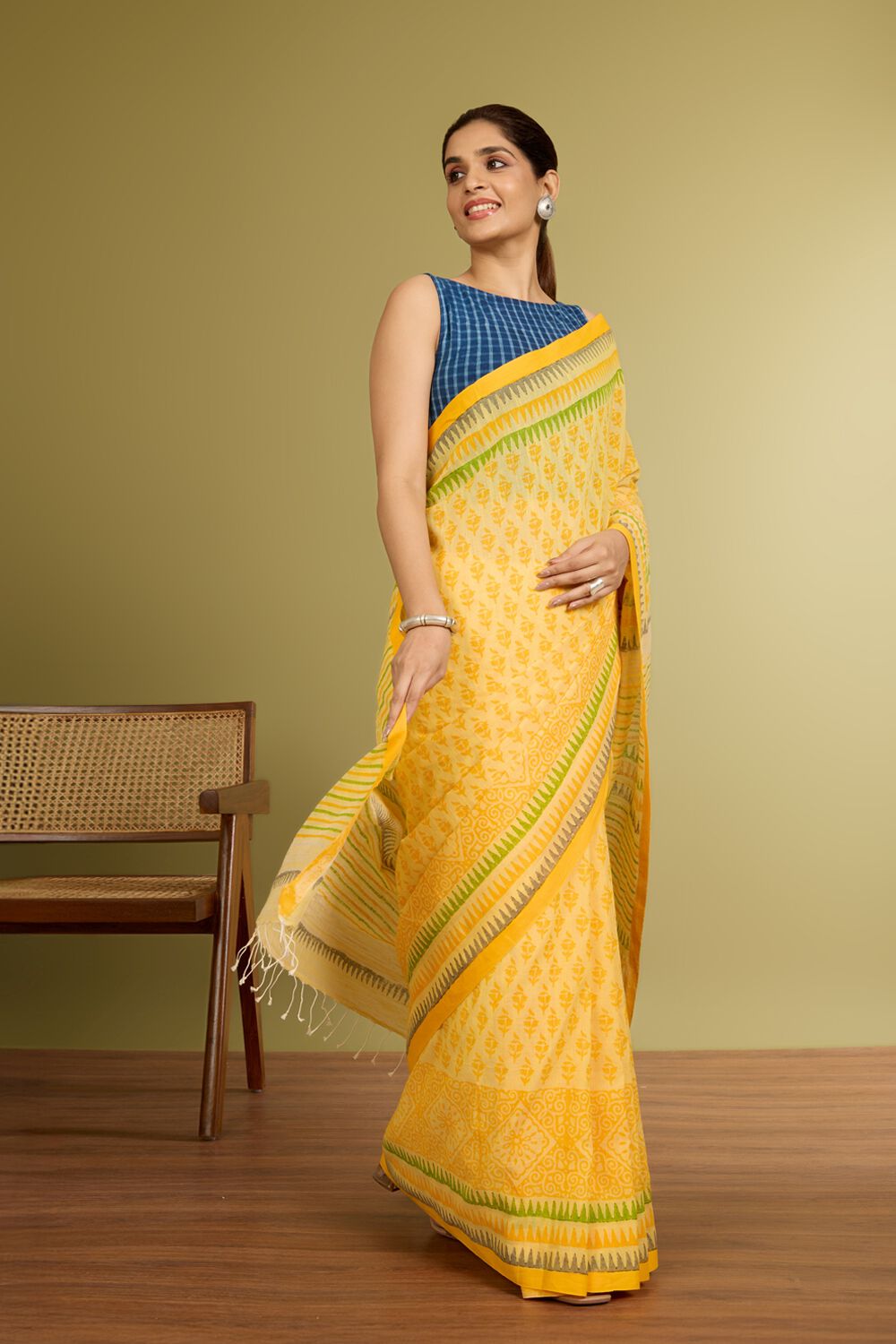 Yellow Printed Bengal Pure Cotton Saree image number null