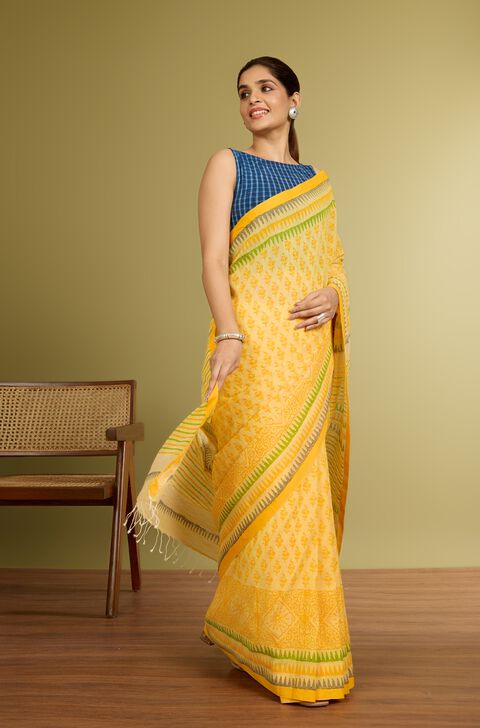 Yellow Printed Bengal Pure Cotton Saree