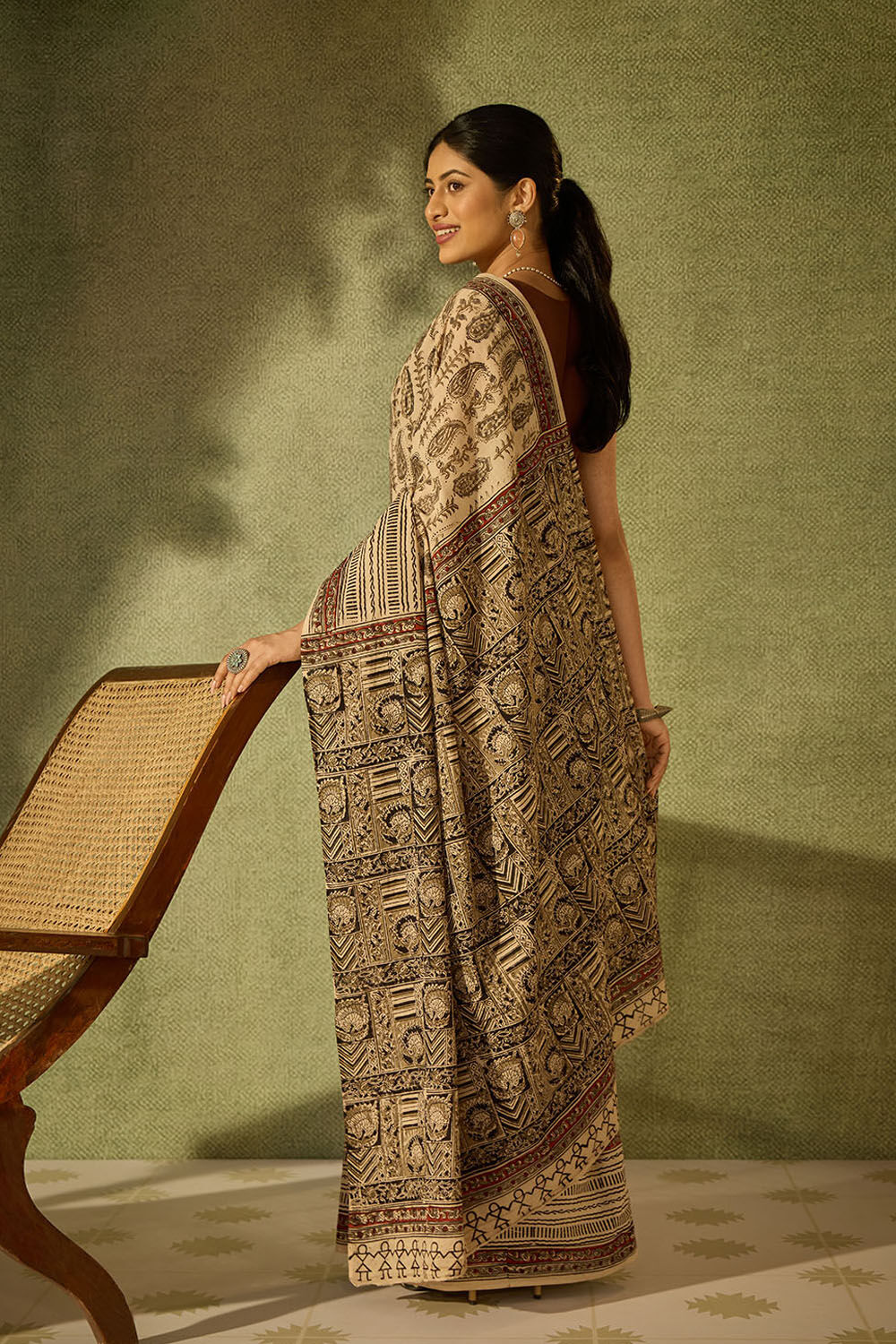 Beige Printed Kalamkari Machilipatnam Pure Cotton Saree image number null