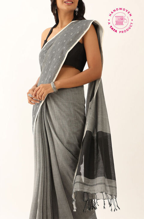 Grey Pure Cotton Woven Bengali Saree