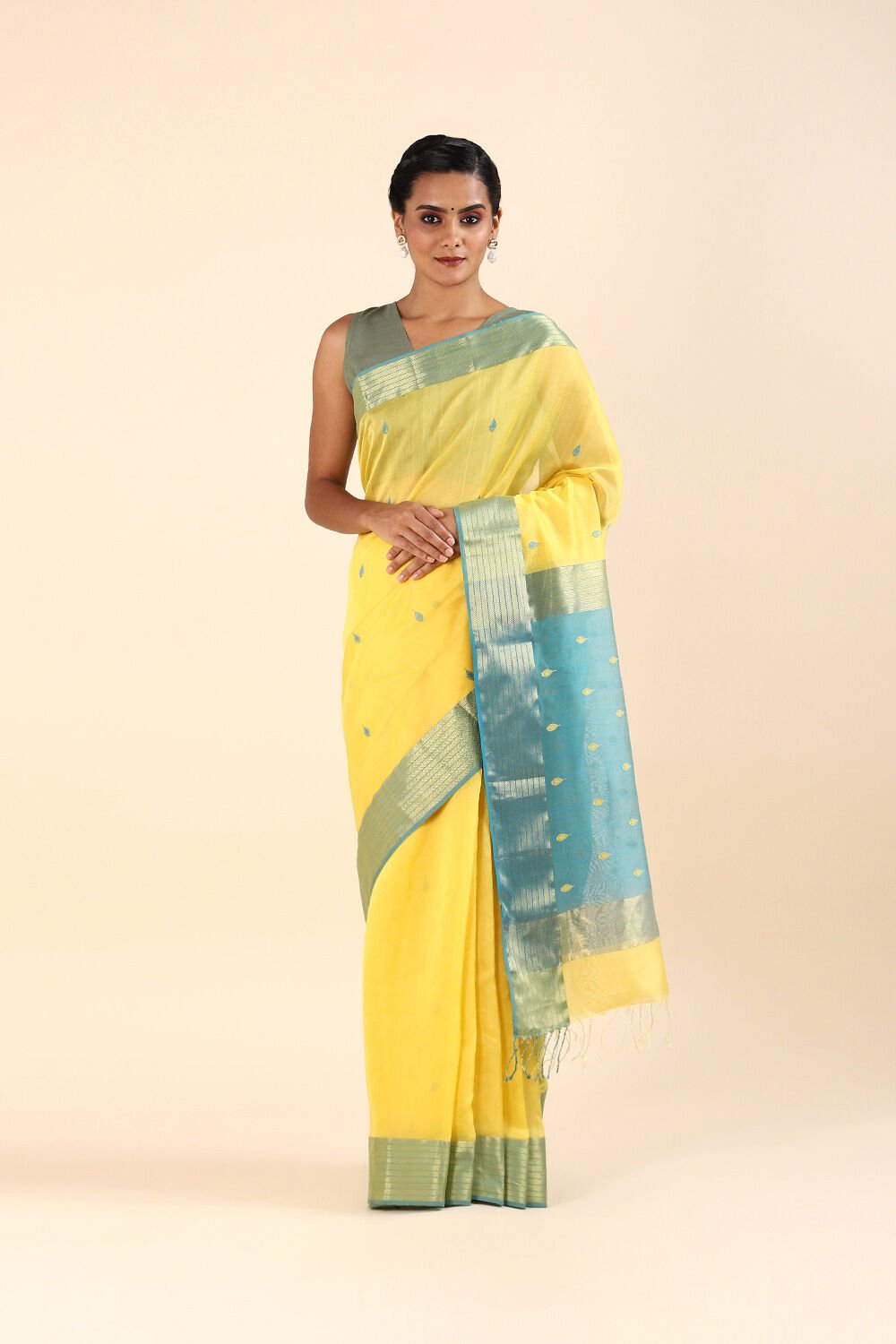 Yellow Pure Silk Cotton Maheswari Saree image number null