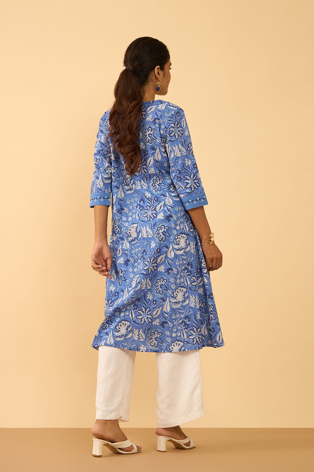 Blue Pure Cotton Printed Embroidered Kurta image number null