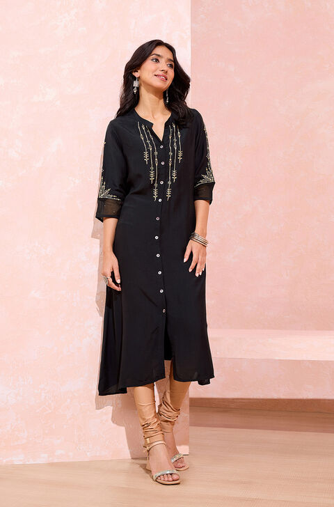 Black Viscose Embroidered Kurta