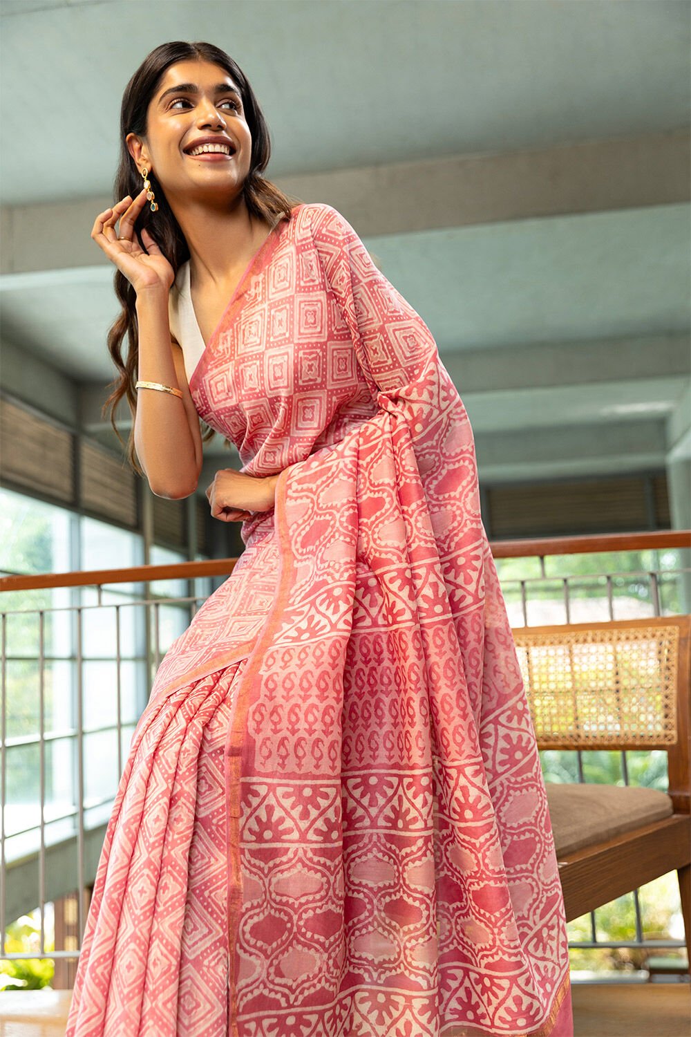 Pink Pure Silk Cotton Dabu Printed Saree image number null