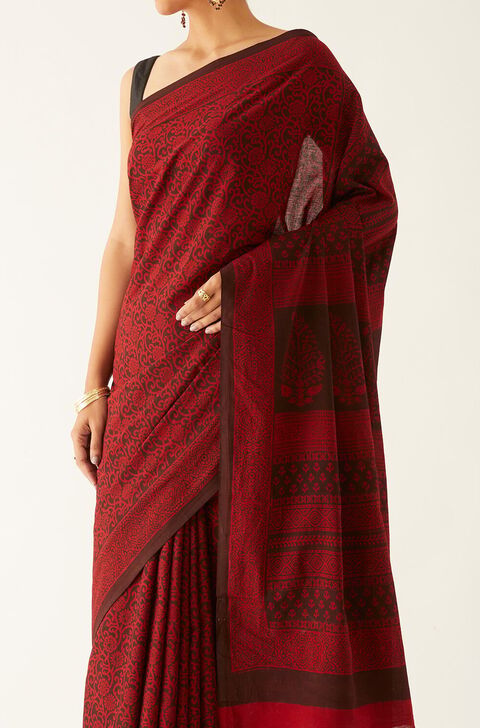 Red Pure Cotton Bagh Printed Saree