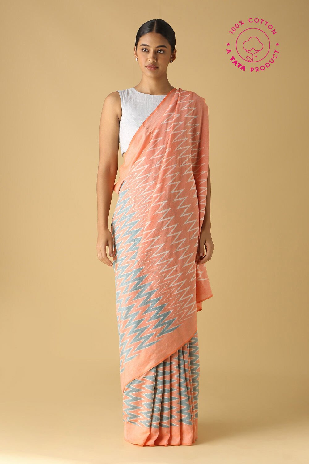 Light Orange Pure Cotton Pochampalli Ikat Saree image number null