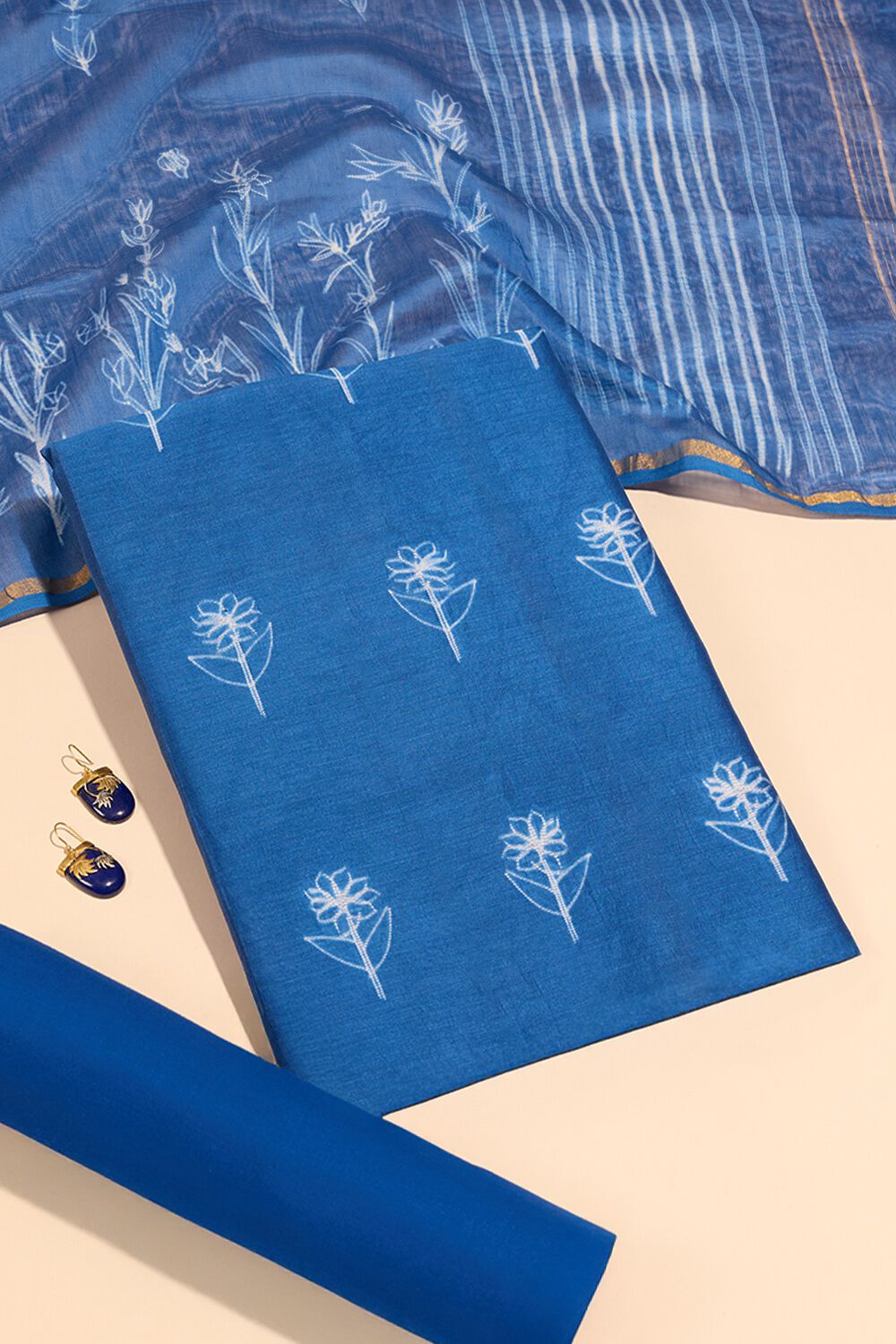 Blue Pure Silk Cotton Tie & Dye Shibori Unstitched Suit Set image number null