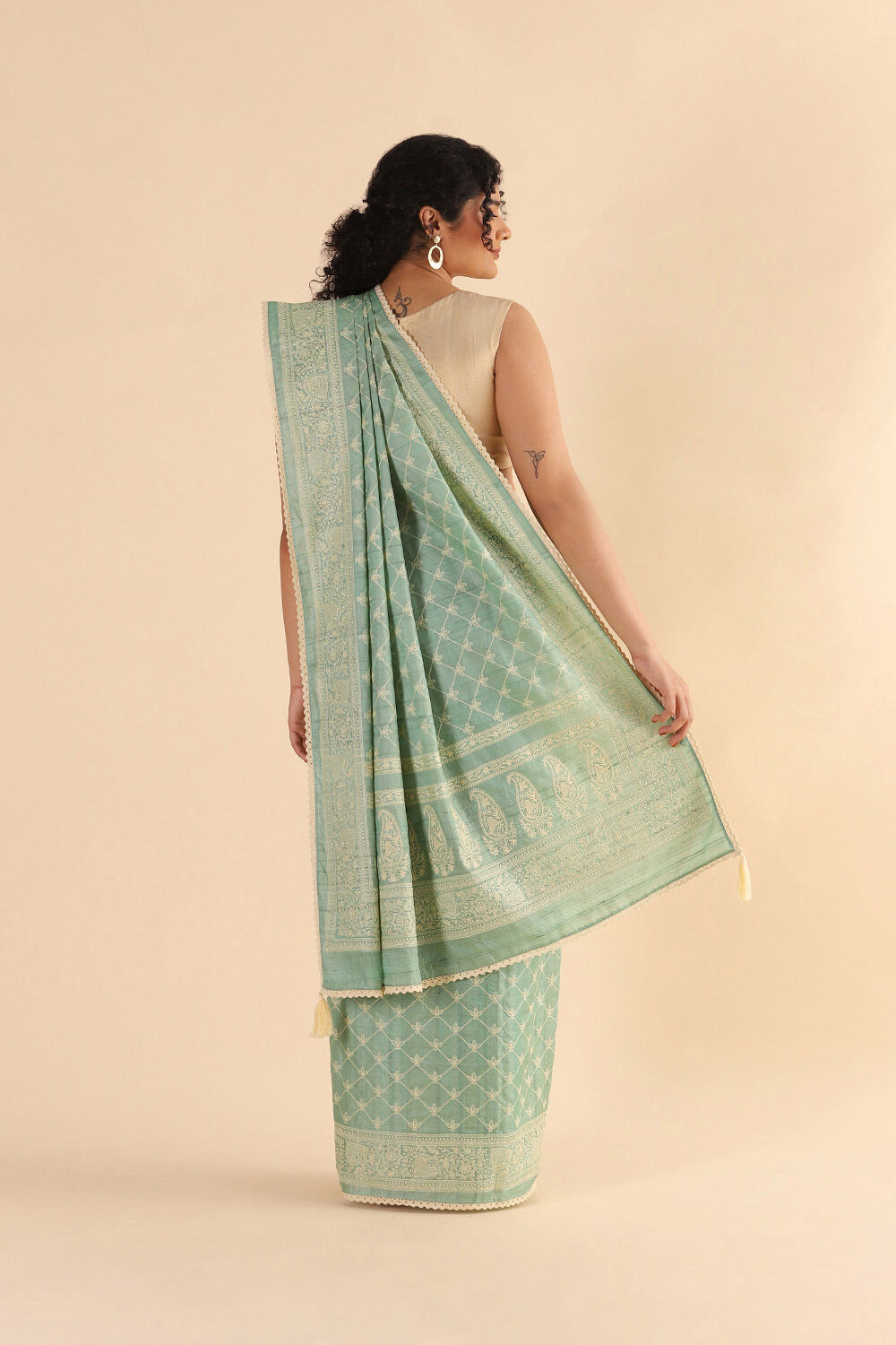 Light Pure Green Tussar Embroidered Saree image number null