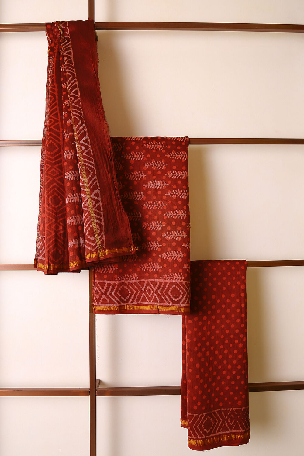 Dark Red Dabu Pure Silk Cotton Suit Set image number null