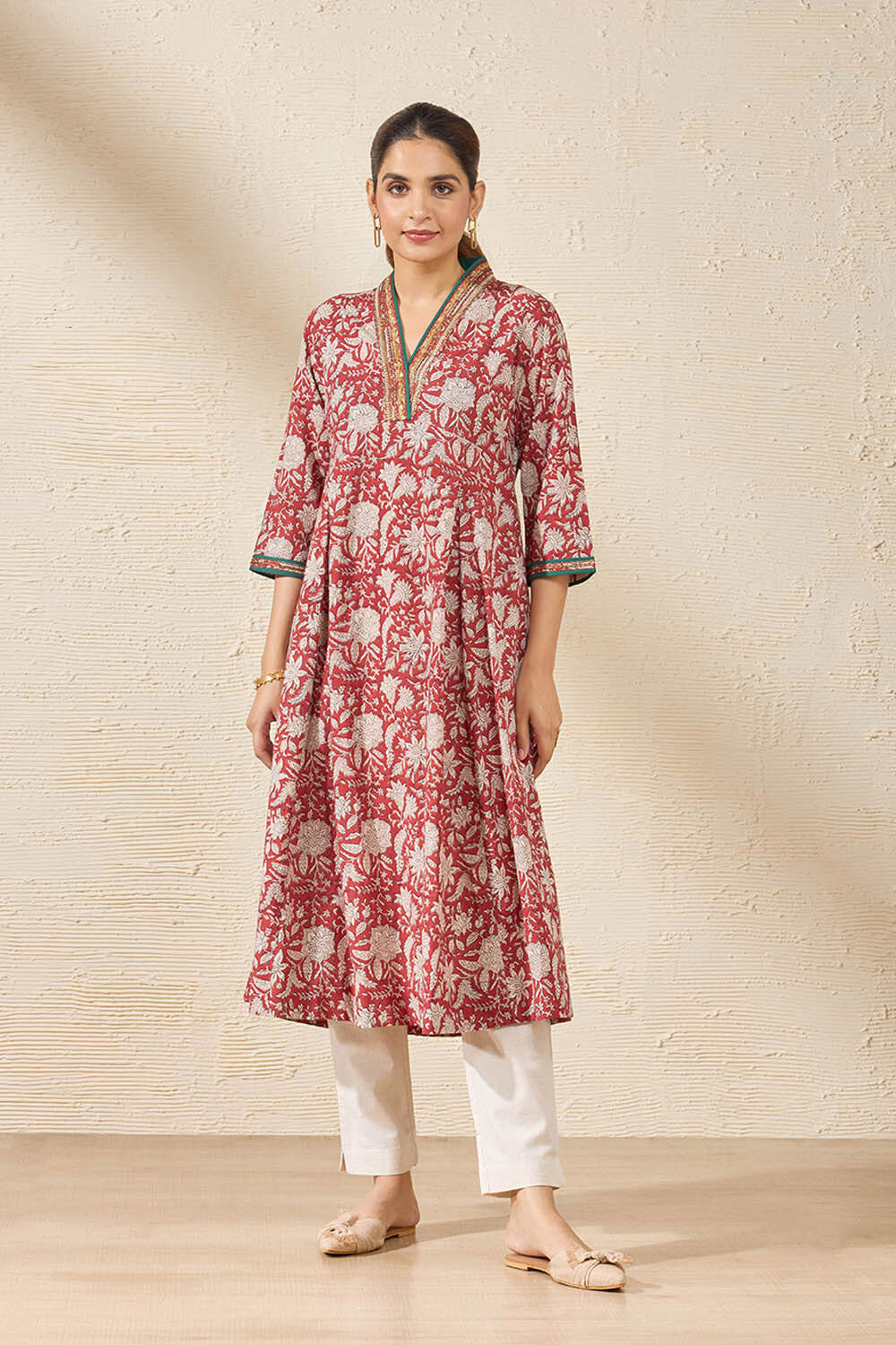 Red Pure Cotton Printed Sanganeri Kurta image number null