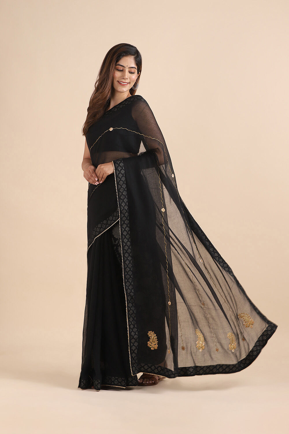 Black Pure Kota Embroidered Saree image number null