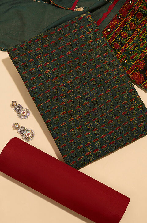 Green Pure Cotton Ajrakh Unstitched Suit Set