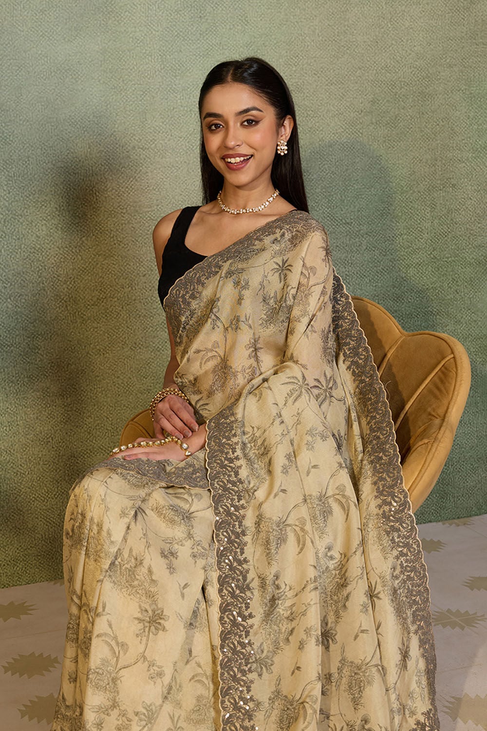 Light Green Viscose Tissue Embroidered Saree image number null