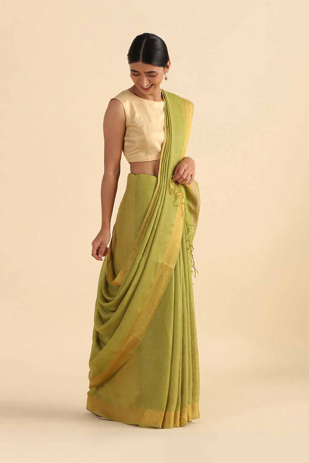 Green Handwoven Bhagalpuri Pure Linen Saree image number null