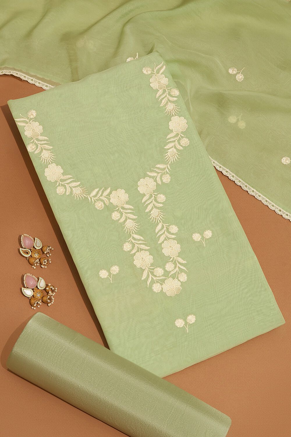 Light Green Viscose Embroidered Unstitched Suit Set image number null
