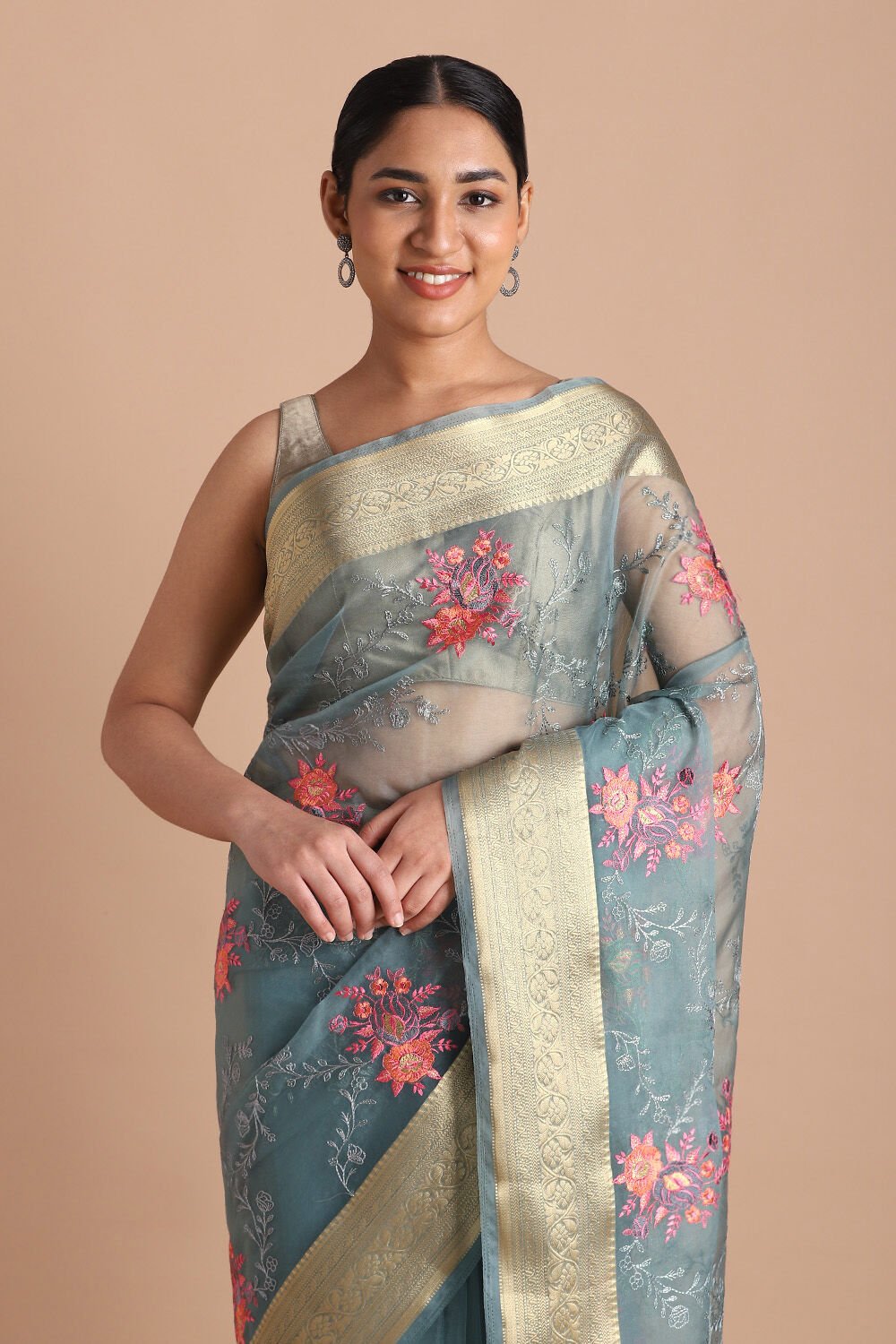 Blue Pure Embroidered Saree image number null