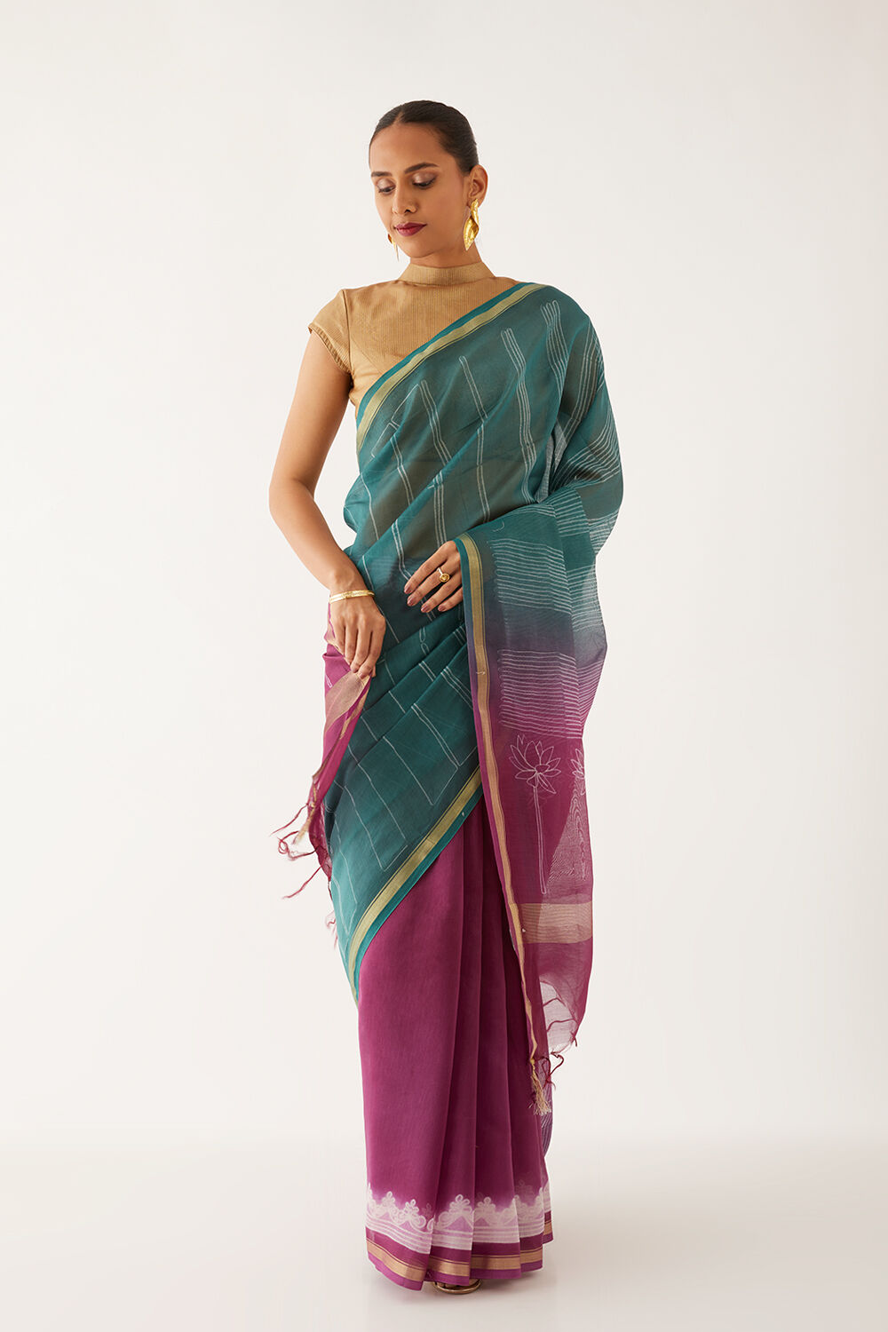 Dark Violet Pure Silk Cotton Shibori Saree image number null